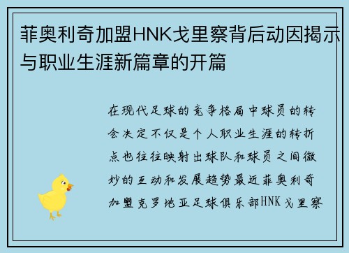 菲奥利奇加盟HNK戈里察背后动因揭示与职业生涯新篇章的开篇