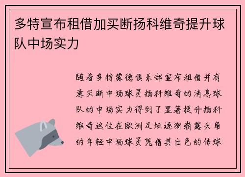 多特宣布租借加买断扬科维奇提升球队中场实力