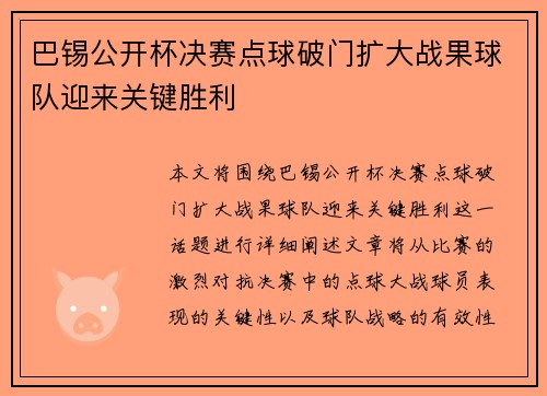 巴锡公开杯决赛点球破门扩大战果球队迎来关键胜利 巴锡公开杯决赛点球破门扩大战果球队迎来关键胜利