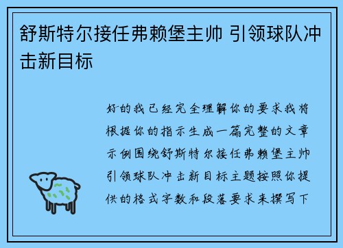 舒斯特尔接任弗赖堡主帅 引领球队冲击新目标